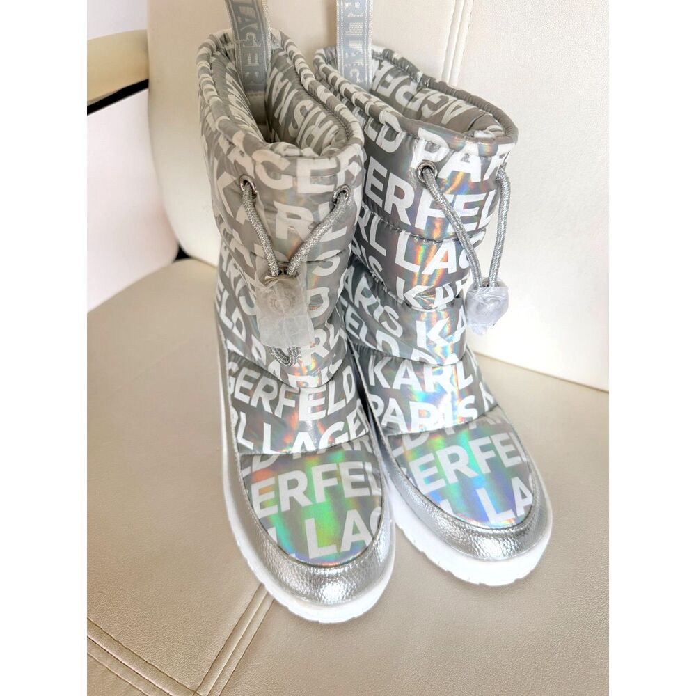 Karl Lagerfeld Berdina Holographic Logo Snow Boots Silver Women's 8.5 M New